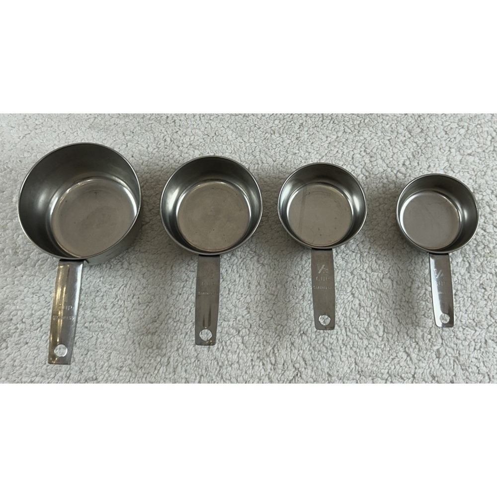 4 Vintage Stainless Measuring Cups (1 Cup,1/2 Cup,1/3 Cup,1/4 Cup) Unbranded EUC